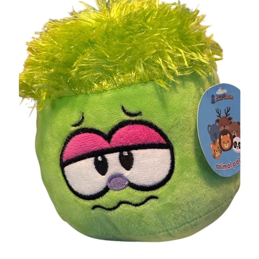 Calplush Animal Pals Green Sleepy Monster Plush Toy Neon Fuzzy Hair 6" NWT